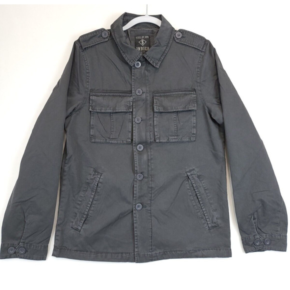 Indigo Star Military Field Jacket Men S Utility Patch Pockets Zip & Button Gray - Picture 1 of 13